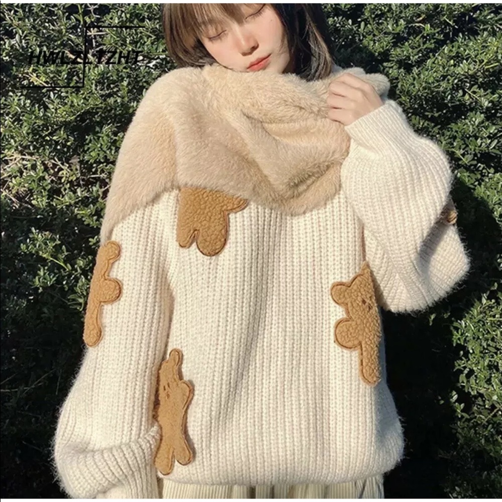 Bear sweater cartoon cream white teddy cute womens patch